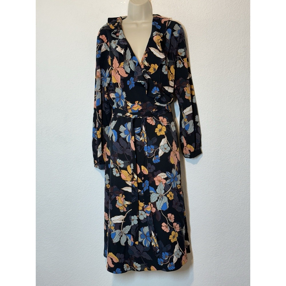 Navy Floral Midi Wrap Dress Size XL Ruffle Cottagecore Fairy Whimsigoth Coquette